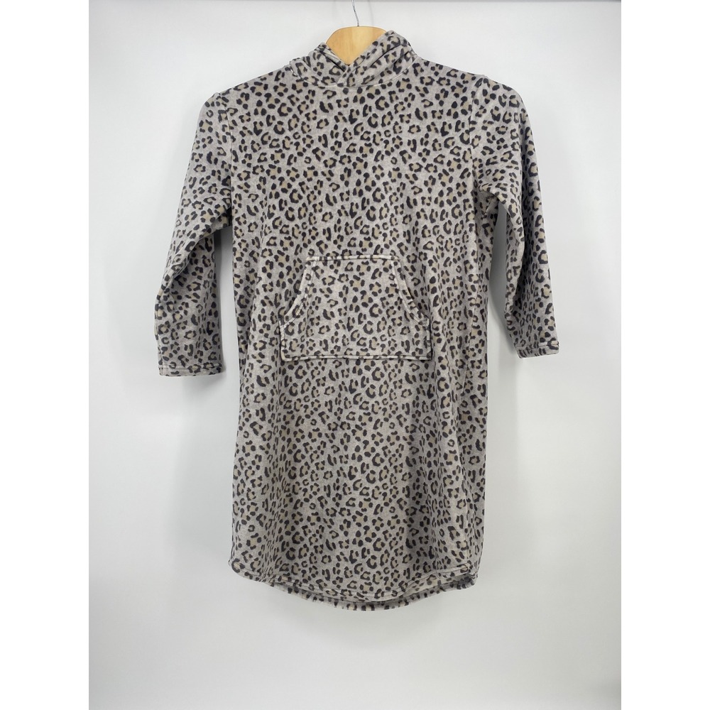 32 Degrees Heat Lounge Dress L/XL Gray Leopard Fleece Hooded Pocket Excellent